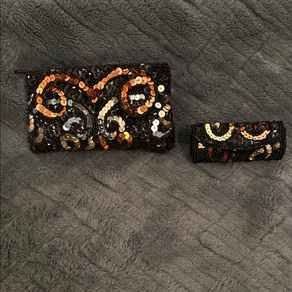 Handbags - Sequin Mini Clutch and Lipstick Purse Set - Black/Gold and Copper